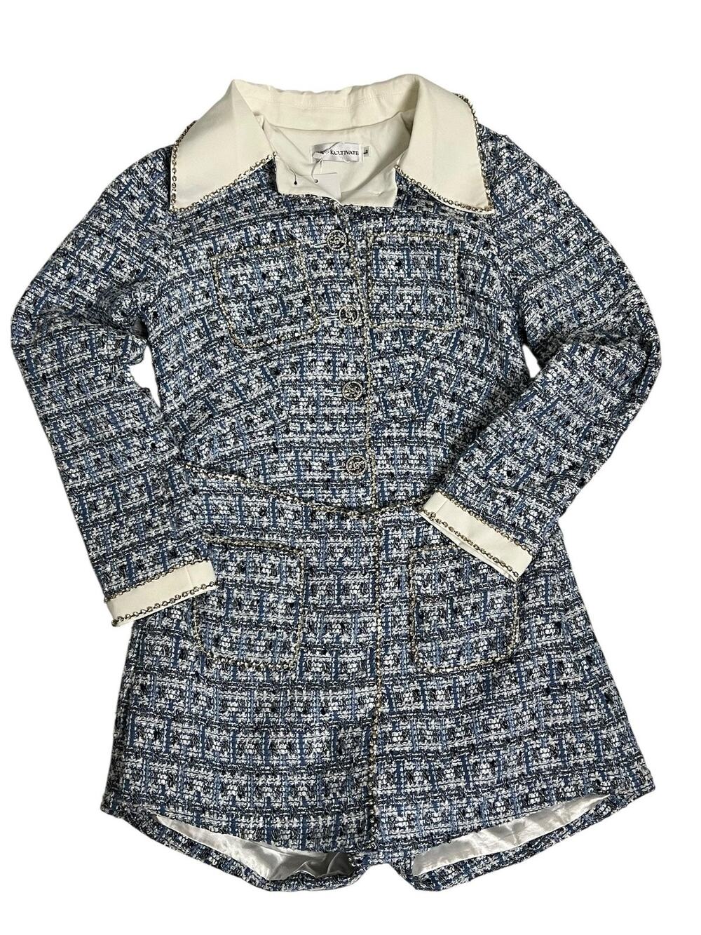 Shop Kultivate Tweed Romper Womens Large Blue Plaid Long Sleeve Rhinestone Trim